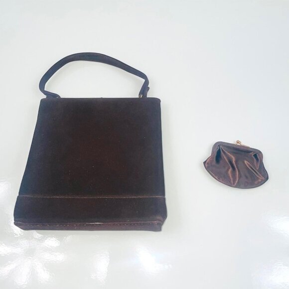 Vintage 60s Mod Brown Velour Purse Handbag Kiss Lock Coin Purse - Picture 3 of 8